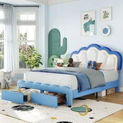 Homfa Queen Size LED Bed Frame with Drawer, PU Leather Upholstered Platform Bed with Adjustable Petal Headboard, Blue